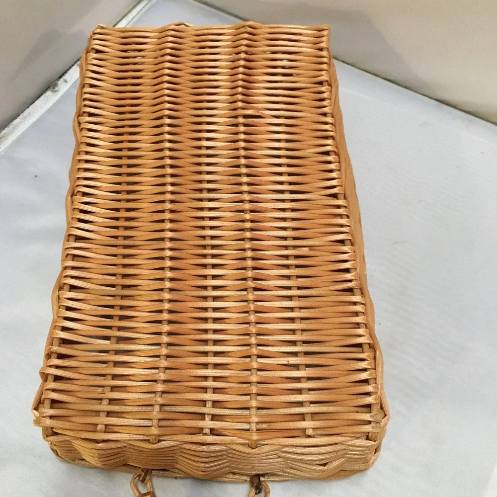 Wicker Serving Basket Medium Tan Rectangular Woven Tray Cottagecore Swing Handle